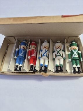 Vintage Old Wooden Nutcracker Soldier Ornament Set - Blue, Red, White, Green